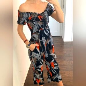 Anthro x Patrons of Peace Palms Tropical Wide Leg Floral Trouser Blue multicolor